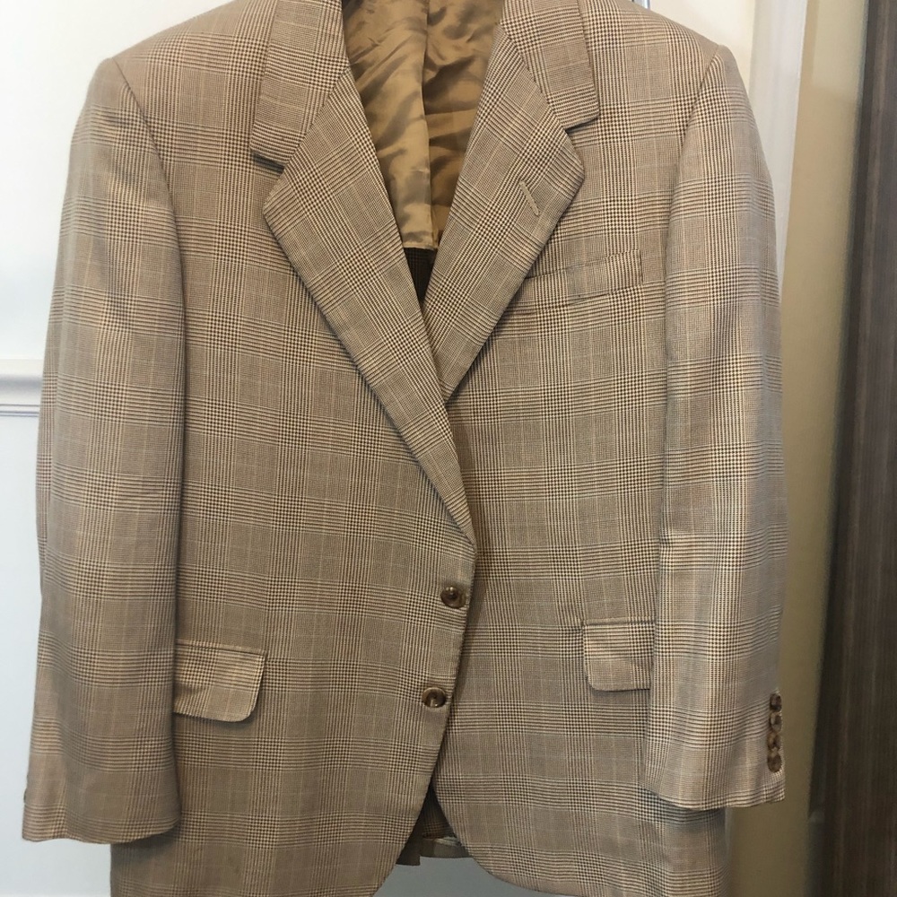 Oxxford Clothes Beige Plaid Suit Jacket